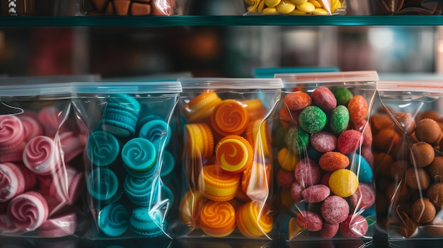 Photo various colorful candies packaged in plastic bags on a glass counter