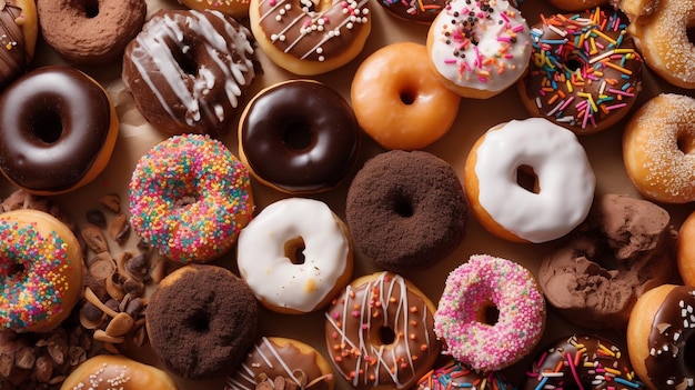 Various colorful donuts Top down view