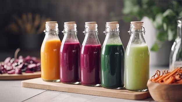 Various Colorful Fresh Fruit Juices in Glass Bottles