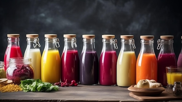 Various Colorful Fresh Fruit Juices in Glass Bottles