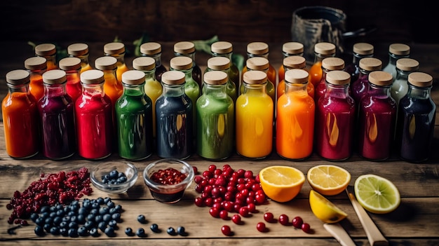 Various Colorful Fresh Fruit Juices in Glass Bottles