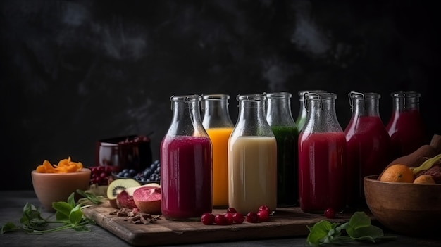 Various Colorful Fresh Fruit Juices in Glass Bottles