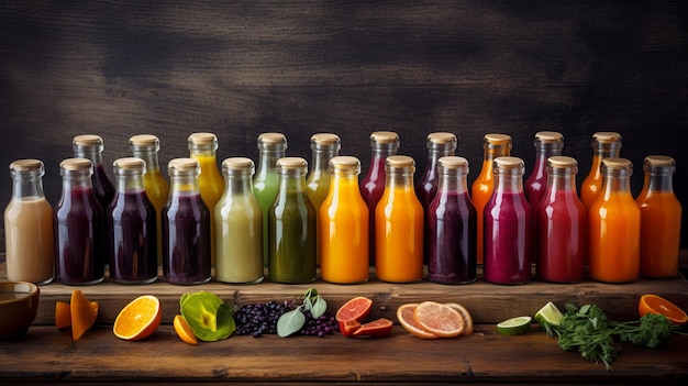 Various Colorful Fresh Fruit Juices in Glass Bottles