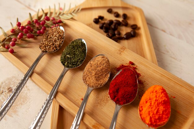 Various colorful herbs and spices for cooking