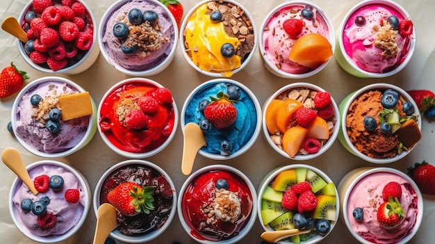 Various colorful ice cream sorts with fruits