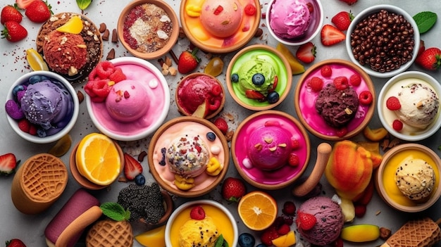 Various colorful ice cream sorts with fruits