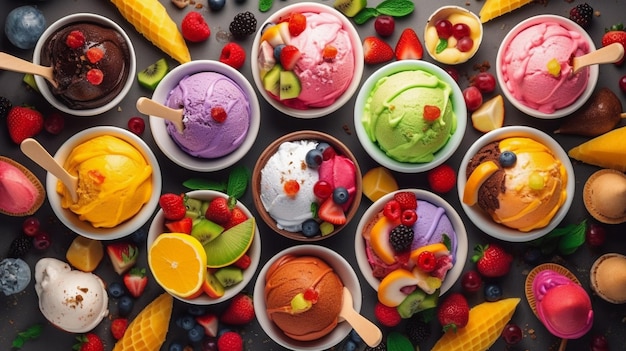 Various colorful ice cream sorts with fruits