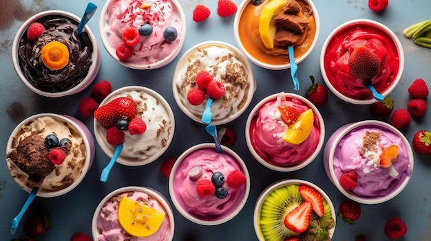 Various colorful ice cream sorts with fruits