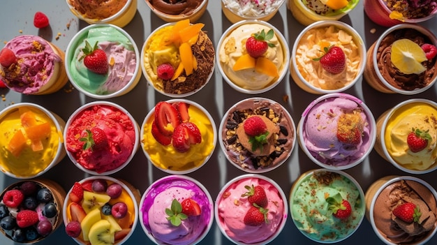 Various colorful ice cream sorts with fruits