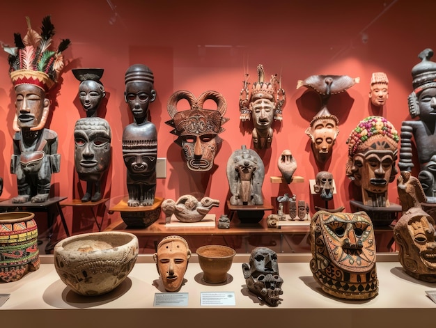 Photo various cultural relics like masks pottery and textiles in a museum exhibit