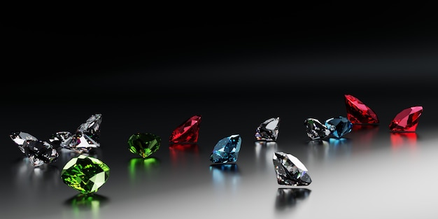 Various cuts of colored diamonds sapphires and emeralds on a black background