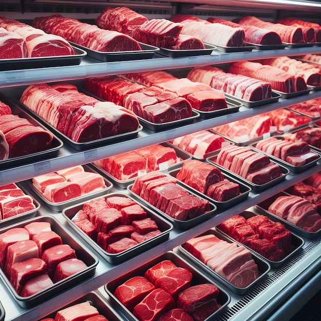 Various cuts of fresh raw meat displayed in trays at a butcher shop or supermarket