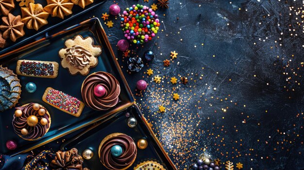 Photo various decorated cookies and candies in festive arrangement on dark surface