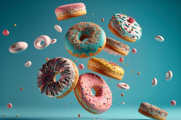 Various decorated donuts in motion falling on blue background