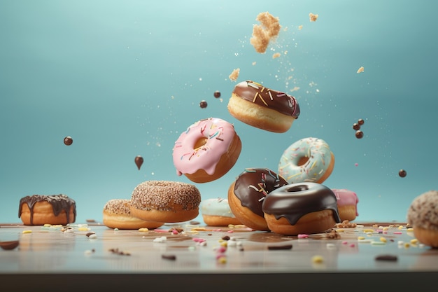 Various decorated doughnuts in motion falling on color background AI generated