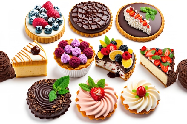 Various delectable pastries in a set on a white backdrop