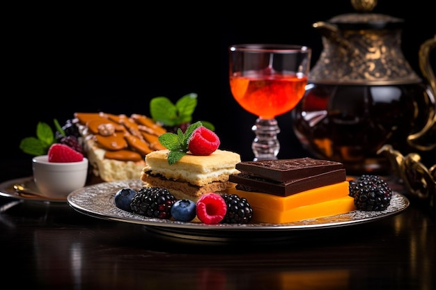 Various dessert selection and a glass of tea