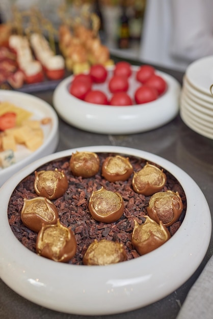 Various dessert with fresh fruit on buffet line sweet