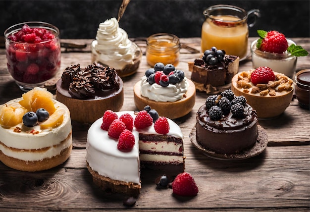 Various desserts on the wooden table