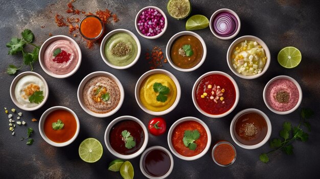 various dip sauces Top down view