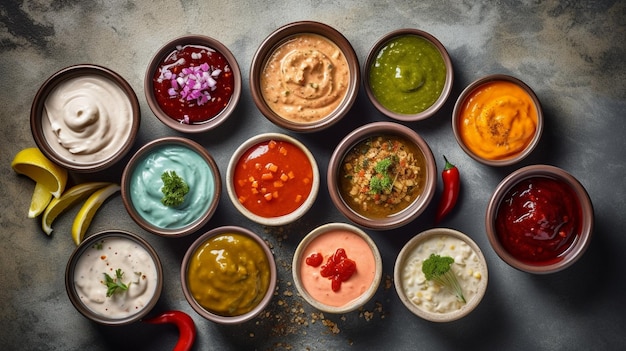 various dip sauces Top down view