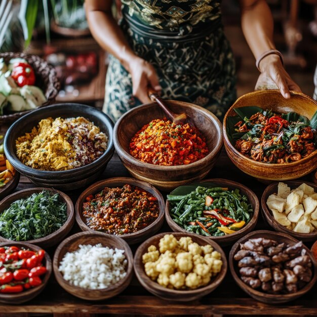 Photo various dishes on a wooden table in bowls food photography