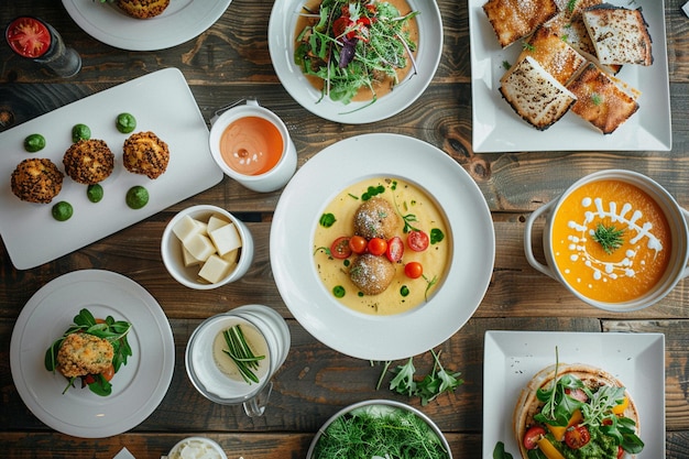 Photo various dishes on wooden table