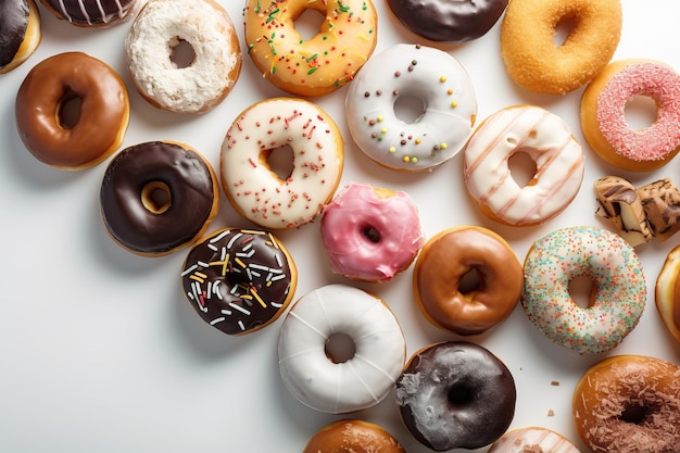 Various donuts isolated on white from above AI generated