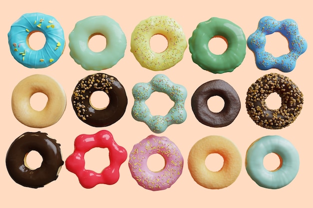 Various doughnuts with many topping cream on pastel yellow background. 3D Render 