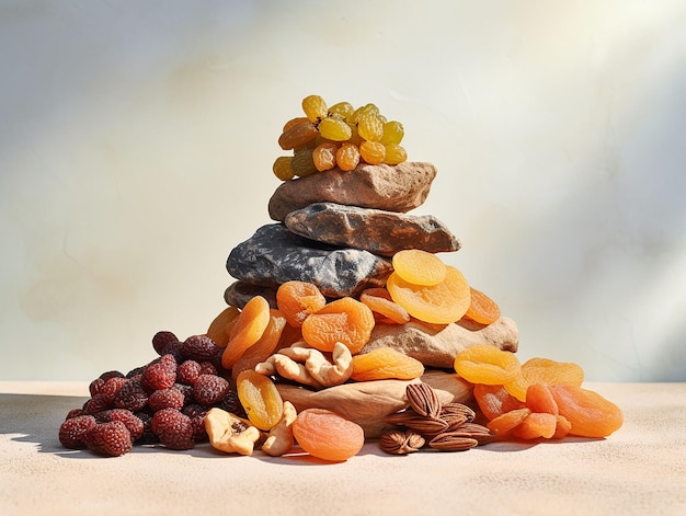 various dried fruits and nuts in plate and in bulk on semi clear table generated ai