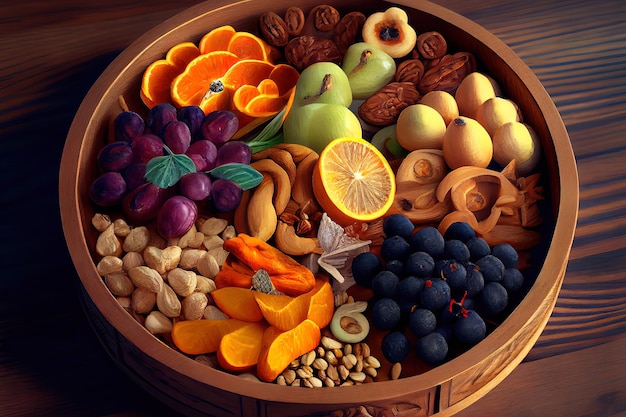 Various dried fruits and nuts in wooden dish Generative Ai