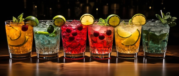 Various drink set against a dark background xA