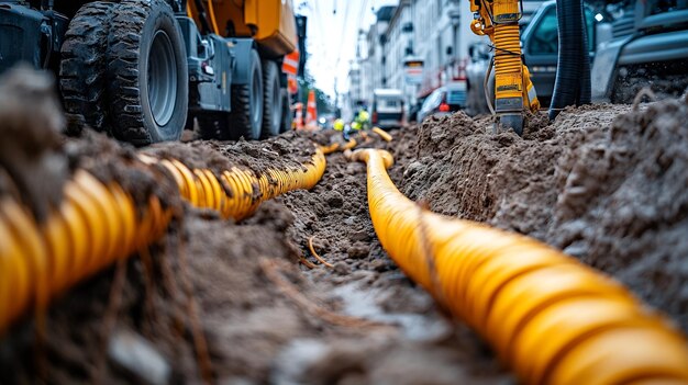 Photo various electrical cables dug out from the ground on the street laying underground generative ai