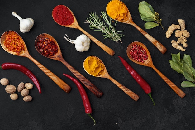 Various exotic spices in wooden spoons on dark background