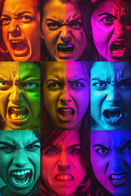 Photo various faces showing different emotions in vibrant rainbow pattern from anger to happiness