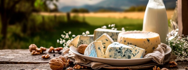 Various farmers cheeses in the meadow Selective focus