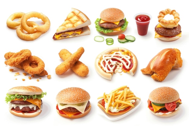 Various fast food items on white background