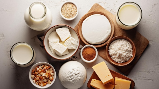 Various fresh dairy products Top down view