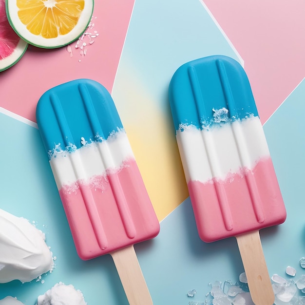 Photo various fresh fruit popsicles placed on wooden board background