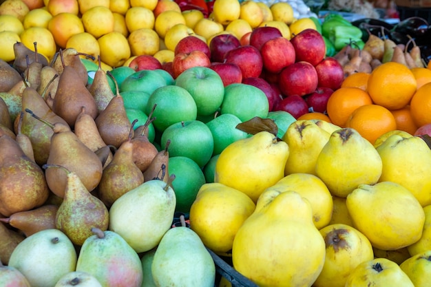 Various fresh fruits at farmer market. Vitamin. Agriculture.