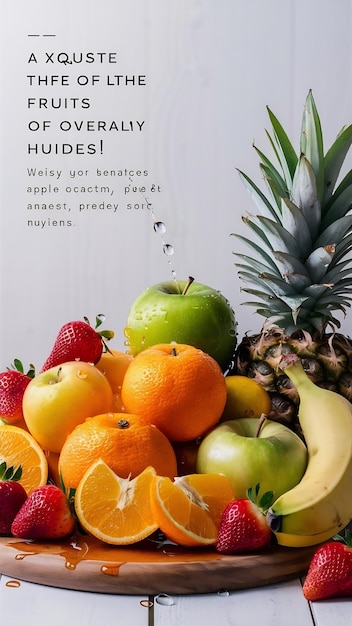 Photo various fresh and healthy fruits with waterdrops white background text space