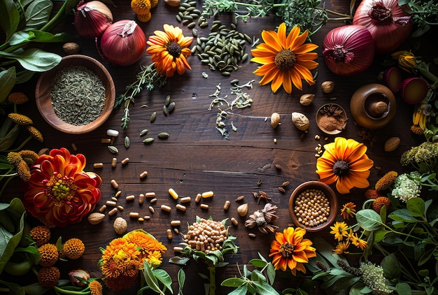 Various fresh herbs and spices on dark wooden background