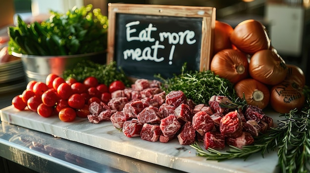 Photo various fresh meats accompanied by a bold sign proclaiming eat more meat atop a sleek white modern table for a tantalizing culinary display