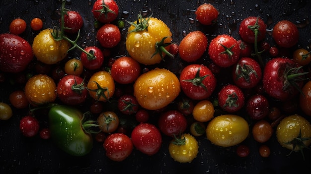 Various fresh raw vegetables with water splash running water on a wet black table from vegetable garden with rain drops generative AI