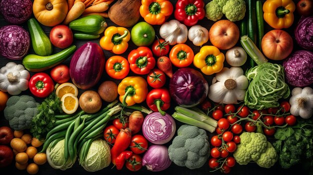 various fresh vegetables Top down view