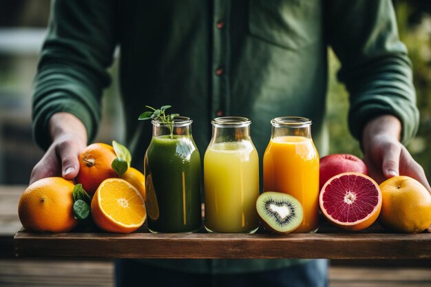 Photo various fruit juices in hand