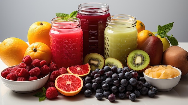 Various fruit juices and their ingredients on a white background