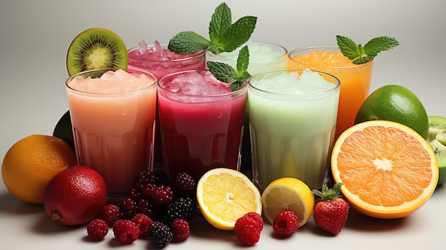 Various fruit juices and their ingredients on a white background