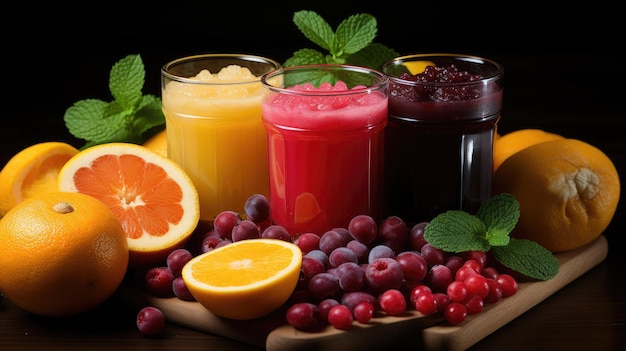 Various fruit juices and their ingredients on a wooden table background