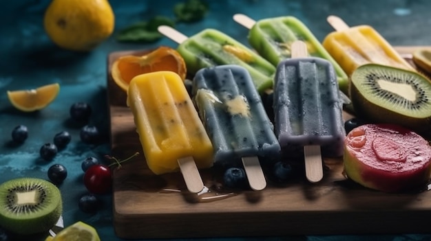 Various fruit Popsicles are placed on the blue wooden board AI Generative